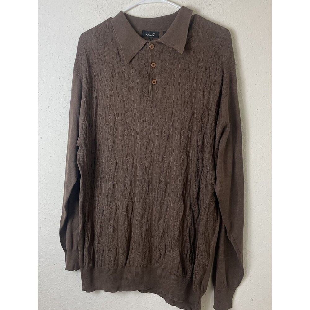 Genelli Shirt Mens Large Brown Knit 100% Silk Long Sleeve Lightweight Henley